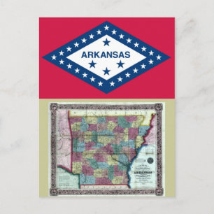 Postale Carte de l'Arkansas et drapeau de l'État