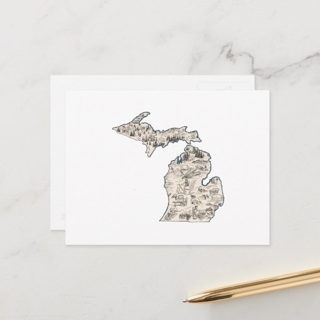 Postale Carte de l'état antique Vintage du Michigan (Devant/Arrière en situation)