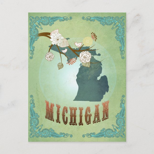 Postale Carte de l'état du Michigan - Vert (Devant)