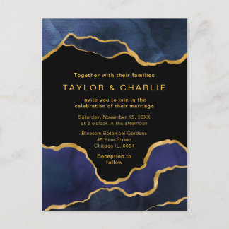 Postale Carte de mariage en agate peinte en bleu marine et