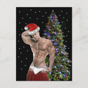 Postale Carte de Noël avec un Père Noël musclé super sexy