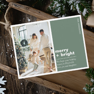 Postale Carte de Noël photo verte moderne « Joyeux + Lumin
