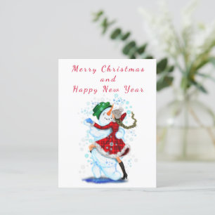 Postale Carte de Noël Snowman and Girl Dance - Amusant