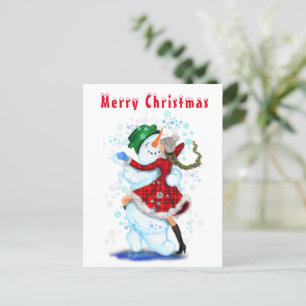 Postale Carte de Noël Snowman and Girl Dance Amusant