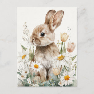 Postale Carte de Pâques avec Fleurs et Lapin de Pâques