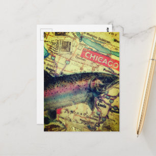 Postale Carte de poisson de Chicago Collage de médias mixt