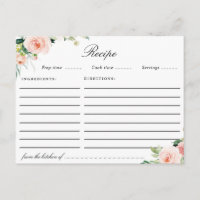 Carte de recette florale rose pâle Aquarelle