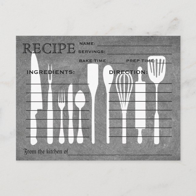 Postale Carte de recette rétro Black Chalkboard Ustensiles (Devant)