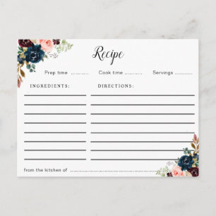 Postale carte de recettes florales bleu marine bordeaux et
