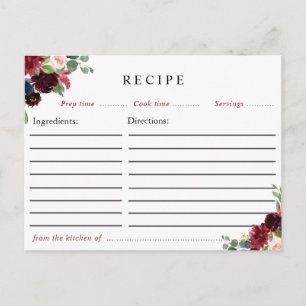 Postale carte de recettes florales de la marine bordeaux