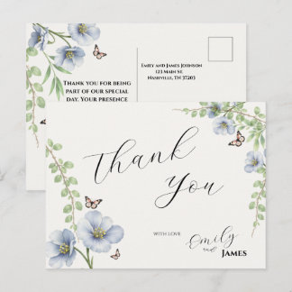 Postale Carte de remerciement de mariage à motif floral bl
