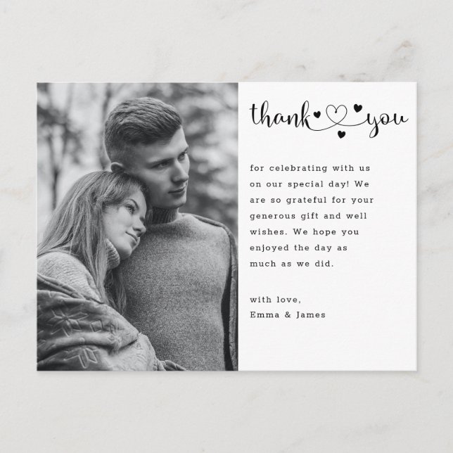 Postale Carte de remerciement de mariage avec photo et cœu (Devant)