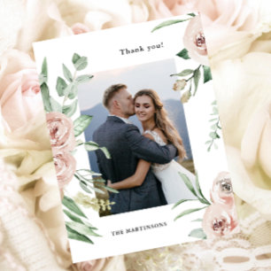 Postale Carte de remerciement de mariage photo florale ros