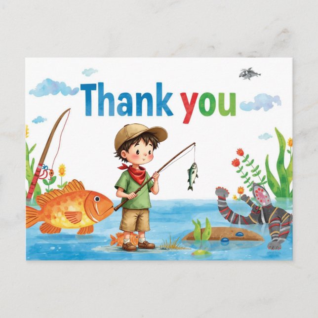 Postale Carte de remerciement de pêche avec garçon qui pêc (Devant)