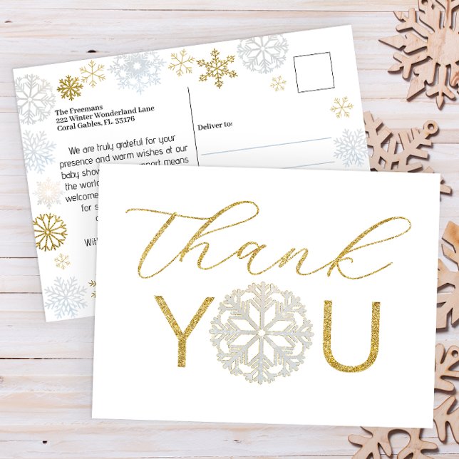 Postale Carte de remerciement pour Baby Shower Flocon de n (Winter Wonderland Baby Shower Thank You Postcard )