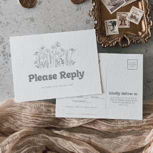 Postale Carte de réponse minimale grise à motif de fleurs 