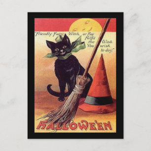 Postale Carte de sorcière vintage Halloween Chat noir