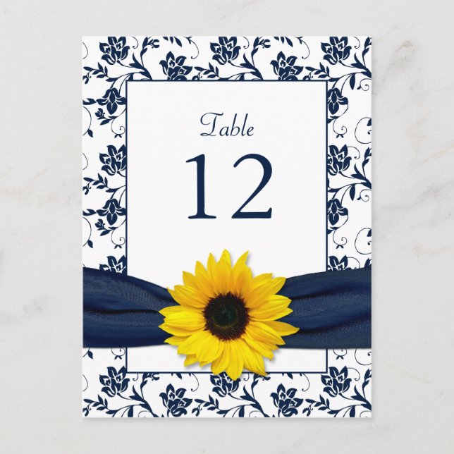 Postale Carte de table Navy White Sunflower Mariage damass (Devant)