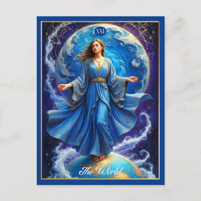 Postale Carte de Tarot, le Monde, en Bleu Profond  (Devant)