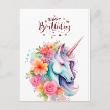Carte de vœux d'anniversaire licorne florale aquar