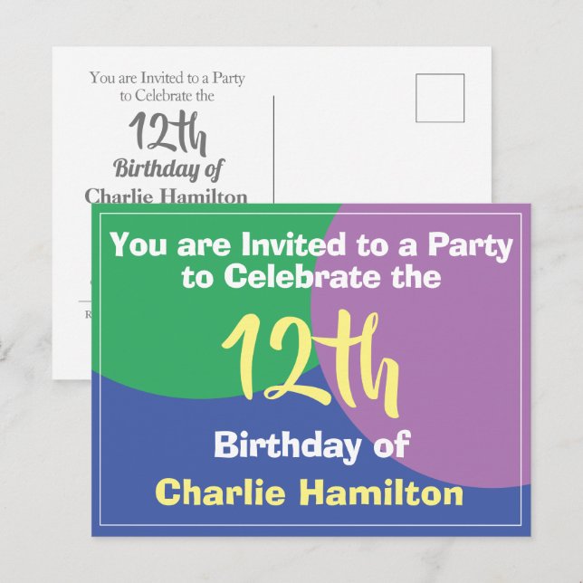 Postale Carte de vœux d'invitation pour un 12e anniversair (Devant / Derrière)