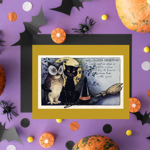 Postale Carte de voeux Halloween Chouette vintage et Chat 