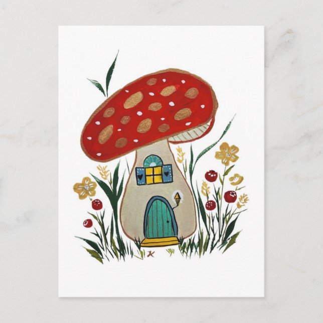 Postale Carte de voeux whimsical champignon, maison de fée (Devant)