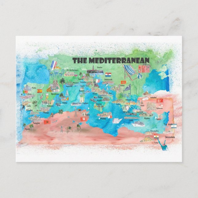 Postale Carte de voyage de la Méditerranée Espagne Italie (Devant)