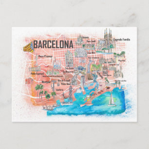 Postale Carte de voyage illustrée de Barcelone avec les ro