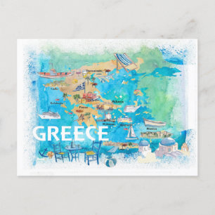 Postale Carte de voyage illustrée de la Grèce avec des mon