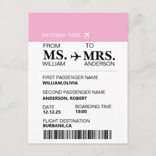 Postale Carte d'embarquement de mariée élégante moderne pe