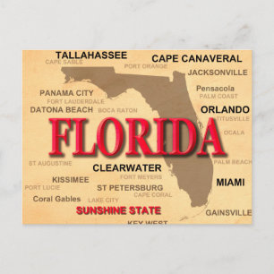 Postale Carte des villes et villes de Floride State Pride
