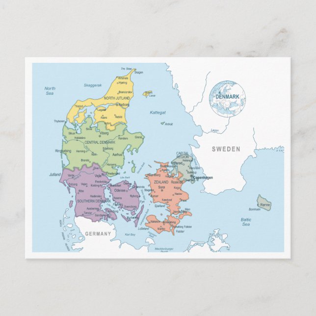 Postale Carte détaillée du Danemark (Devant)