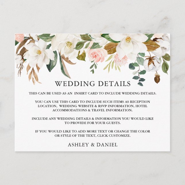 Postale Carte d'informations Mariage Rose de Magnolias (Devant)