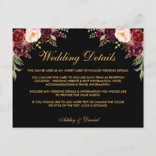 Postale Carte d'insertion de détails de mariage floral bur