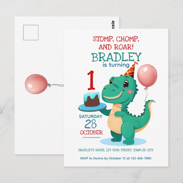 Postale Carte d'invitation d'anniversaire à thème dinosaur (Devant / Derrière)