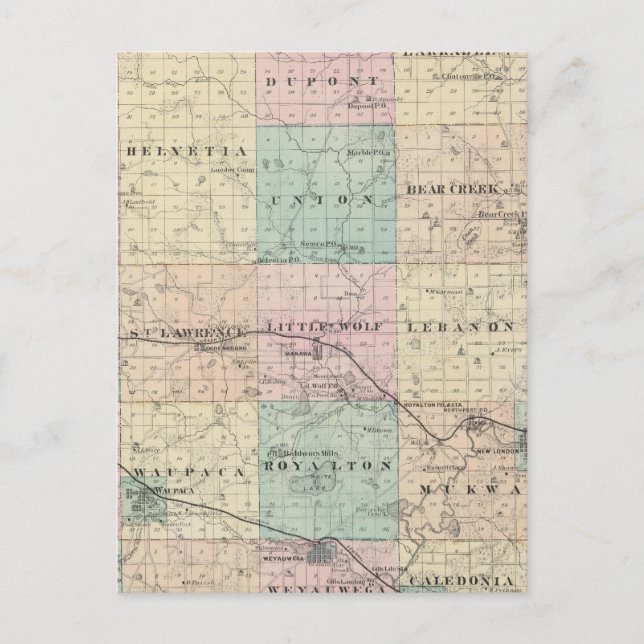 Postale Carte du comté de Waupaca, État du Wisconsin (Devant)