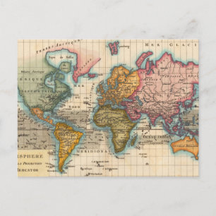 Postale Carte du monde 1700s Antique Continents