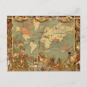 Postale Carte du monde Antique 1886 Illustré