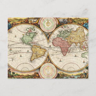 Postale Carte du monde antique Deux hémisphères Rare Art V