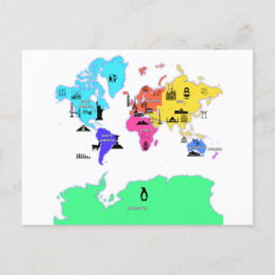 Postale carte du monde avec les noms des continents