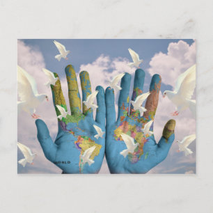 Postale Carte du monde inhabituelle Dove Paix Atlas Mains 