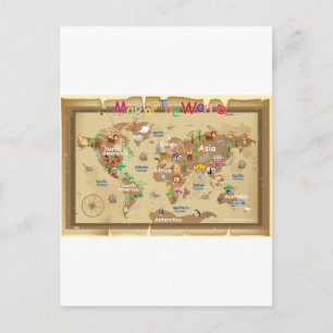 Postale Carte du monde pour les enfants - tons terre