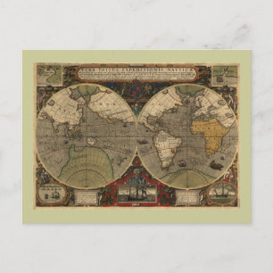 Postale Carte du monde Vintage 1595 par Jodocus Hondius