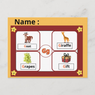 Postale Carte flash de la lettre G de l'alphabet éducatif 