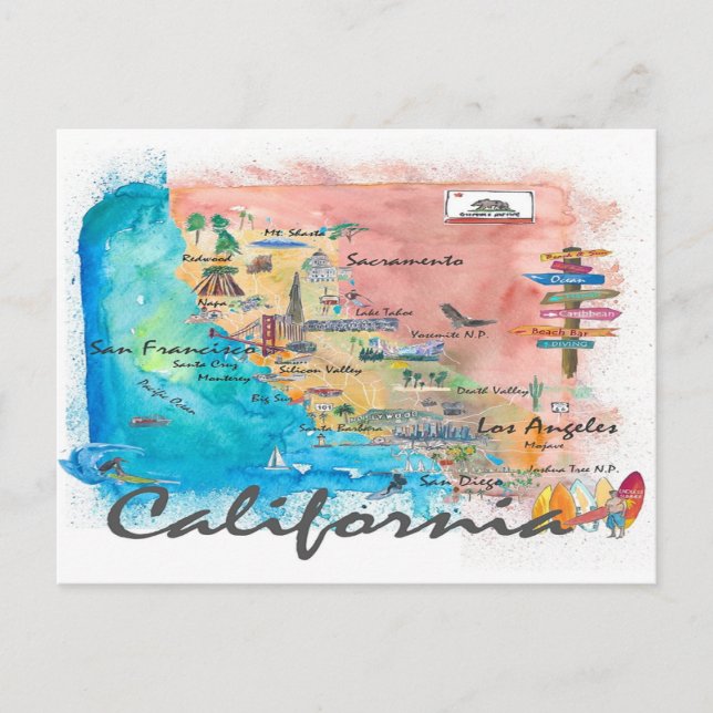 Postale Carte illustrée de Californie avec points forts to (Devant)