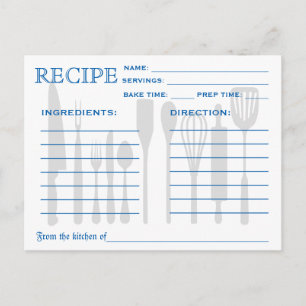 Postale Carte Recette Rétro Outils de cuisine Bleu rayé