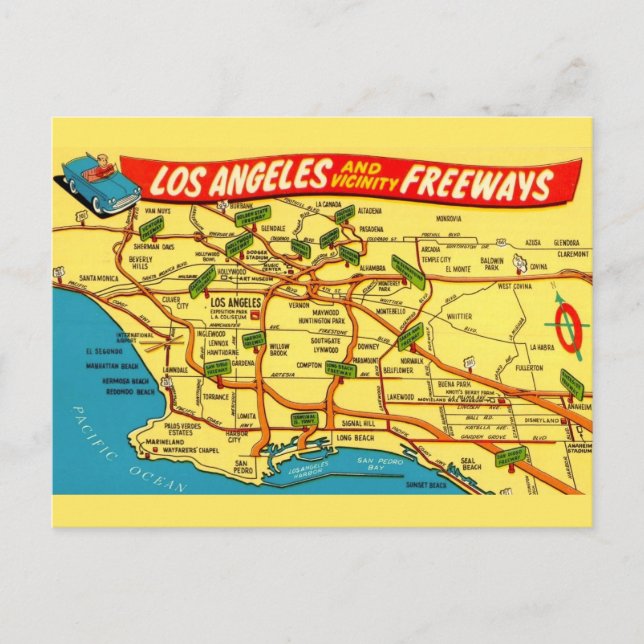 Postale Carte routière de Los Angeles Calfornia (Devant)