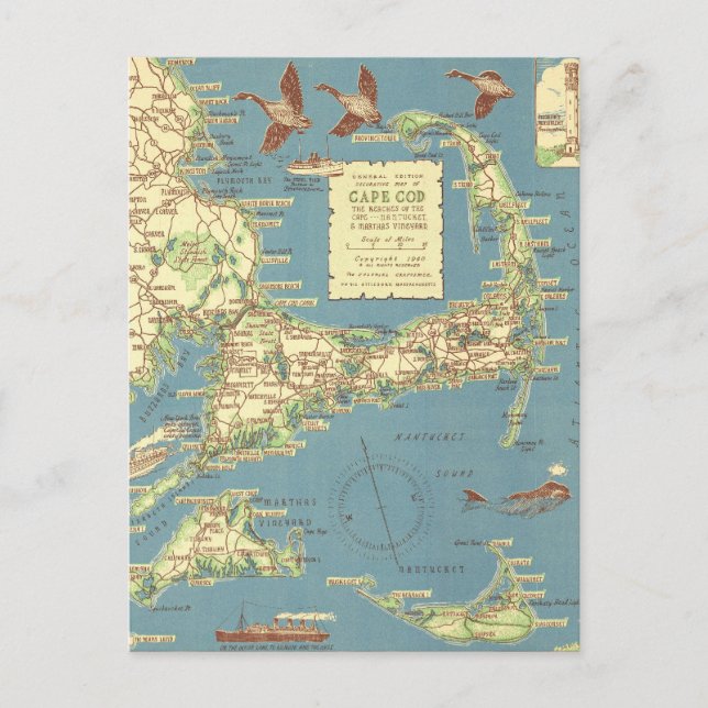 Postale Carte vintage de Cape Cod (1940) (Devant)