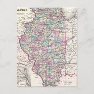 Postale Carte vintage de l'Illinois (1855)